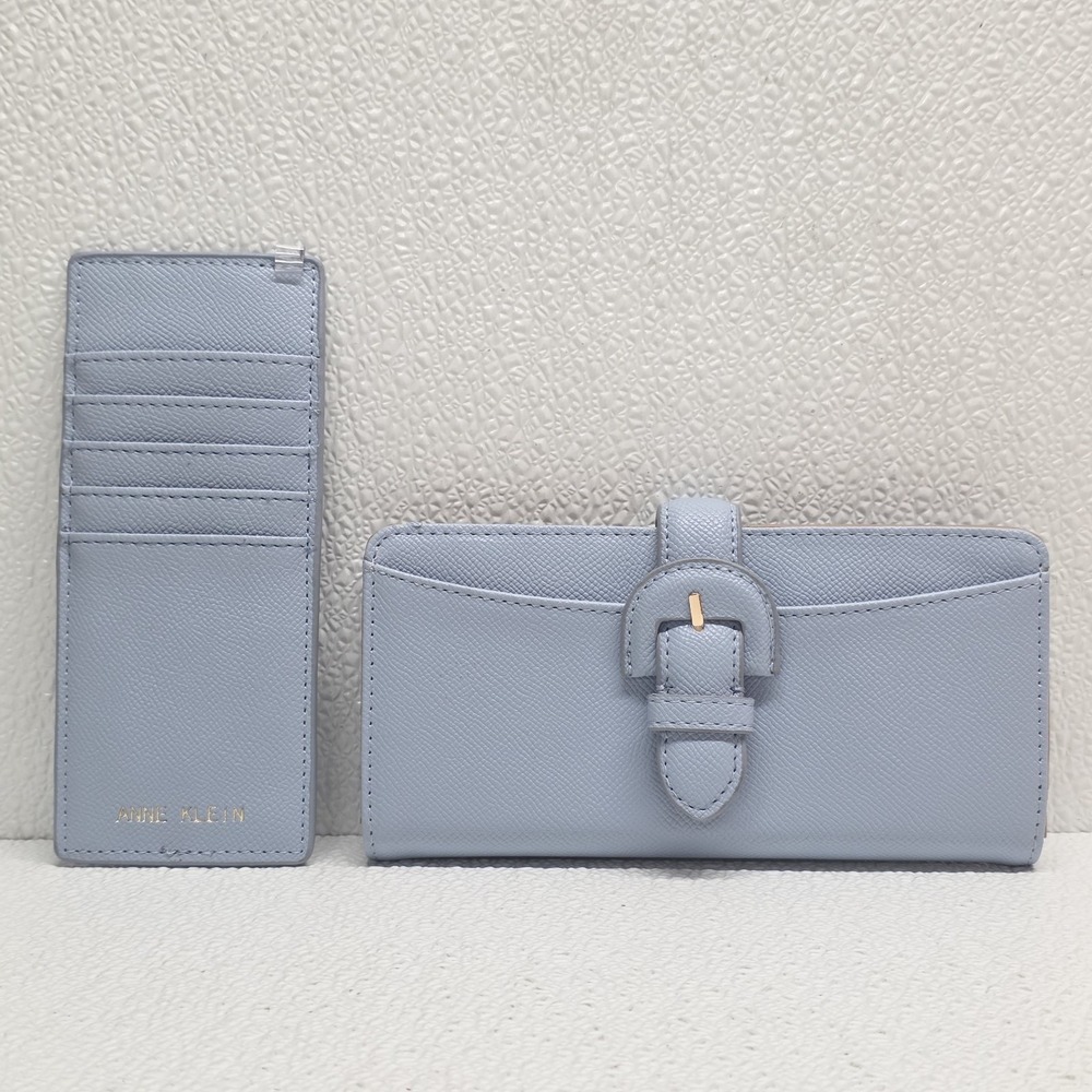 Anne Klein Blue Faux Leather Buckle Closure Clutch Wallet & Card Sleeve